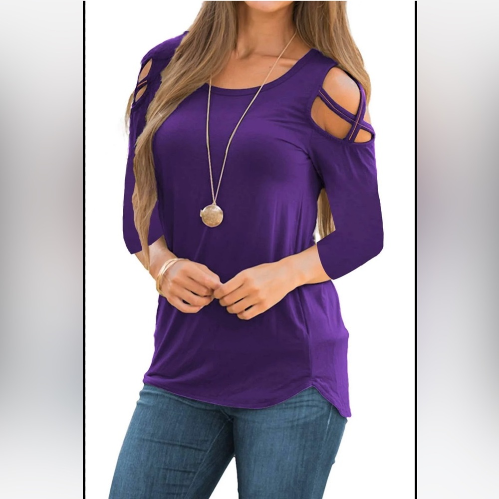 Liofoer Strappy Criss Cross Cold Shoulder 3/4 Sleeve Blouse Purple Sz S